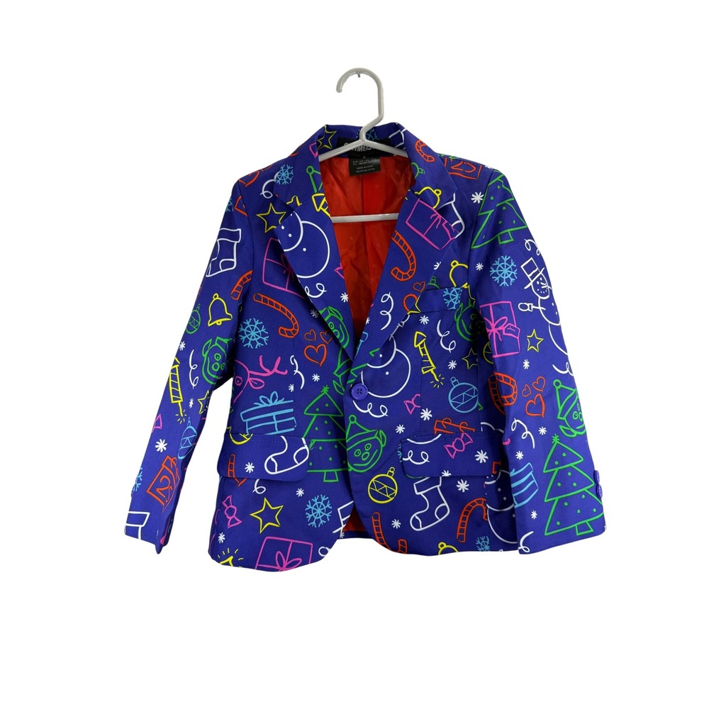 Suitmeister Kids Christmas Blazer Blue Neon Doodle Holiday Jacket Size S‎ 4-6Y